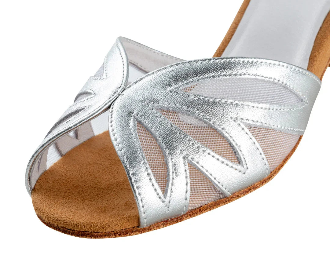 Close-up of the Werner Kern Fabienne silver dance shoe with stylish side cutouts and soft suede sole.