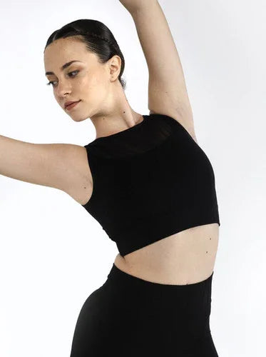 SEAMLESS CROP TOP WITH TULLE INSERT AND RELIEF PATTERN - Miss Salsa