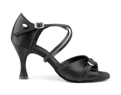 Elegant black satin dance shoe with 7 cm heel and flexible suede sole, ideal for ballroom dancing.