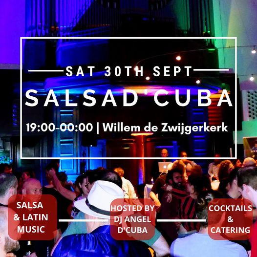 Colorful salsa dance event poster for 'Salsa Cuba' on September 30th at Willem de Zwijgerkerk, featuring DJ Angel d'Cuba.