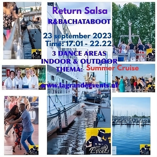 Promotional poster for the Return Salsa R&Bachataboot event, featuring dance areas and summer cruise theme on September 23, 2023.