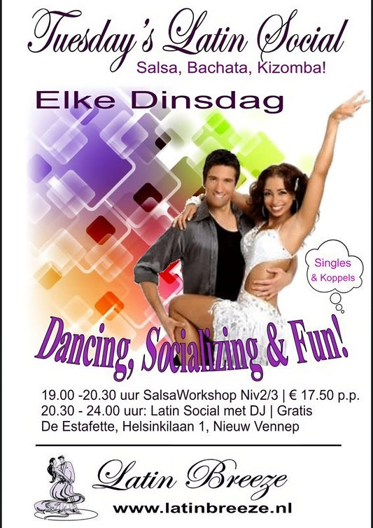 Poster for Tuesday's Latin Social event in Nieuw Vennep featuring couples dancing and socializing.