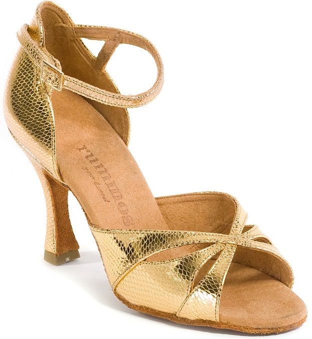 Rummos R385 050 golden dance sandal made of soft snake leather, ideal for Latin dancing styles like Salsa and Tango.