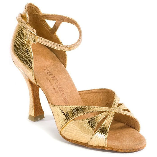 Rummos R385 050 gold dance sandal made of soft snake leather, ideal for Latin styles like Salsa and Tango.