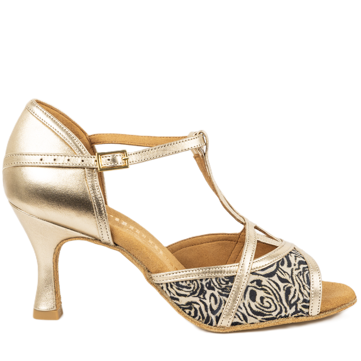 Rummos Santigold Latin dance shoe in gold and black, perfect for Salsa, Tango, and Kizomba with excellent support.