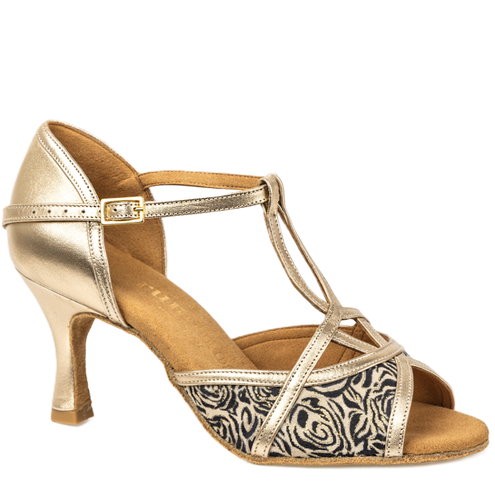 Beautiful gold Latin dance shoe for salsa, tango, and kizomba with supportive design and flexible cushioning.