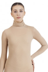 Model in a nude turtleneck long sleeve top, showcasing a sleek and elegant look, perfect for layering or wearing solo.