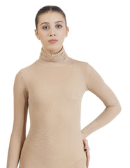 Model wearing a nude turtleneck long-sleeve top showcasing a sleek and elegant design.