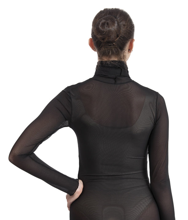 Woman wearing a black crewneck sweater in tulle, showcasing a stylish high collar and long sleeves from the back.