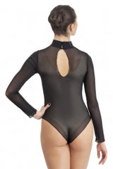 Elegant black body in stretch tulle, featuring long sleeves and a keyhole back for comfortable dance movement.