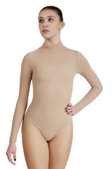 Elegant stretch tulle body in nude color, featuring long sleeves and a stylish design for dance and comfort.