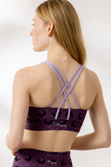 Criss-cross back design of Hey Honey Yoga's Moon Fig bra, showcasing stylish and breathable fabric for active wear.