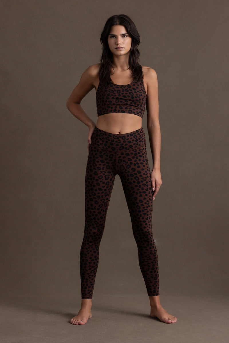 Hey Honey Yoga Leo Chocolate leggings and matching top, featuring stylish leopard print and high waist design.