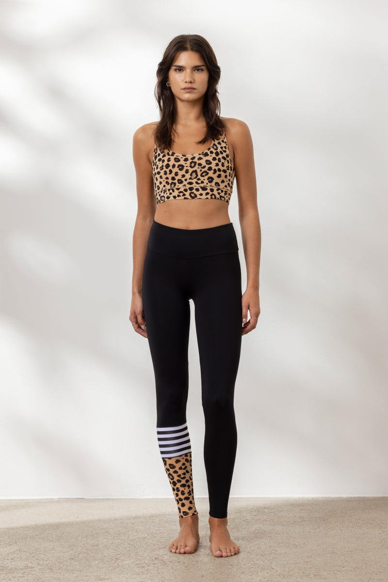 Hey Honey Yoga leggings and bra set featuring a trendy leopard print and stylish black design, perfect for workouts.