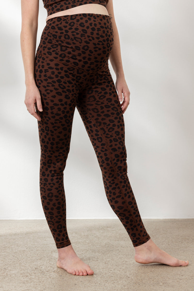 Maternity Leo Chocolate leggings by Hey Honey, featuring a stylish leopard print and high waistband for comfort during pregnancy.