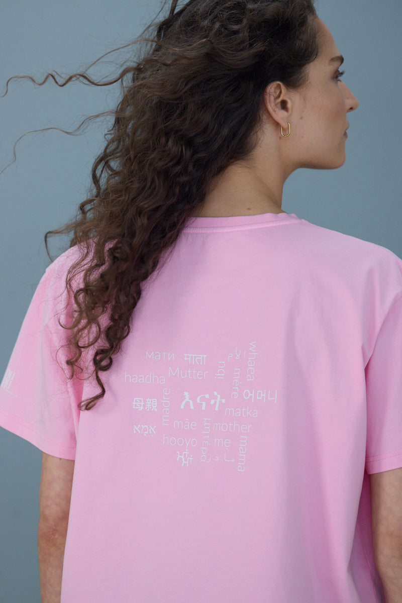 Pink "Mother" T-shirt showcasing multiple languages, designed for comfort and casual style.