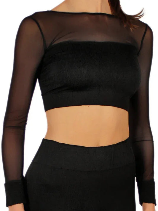 SEAMLESS CROP TOP WITH LONG TULLE SLEEVES AND V-NECK - Miss Salsa