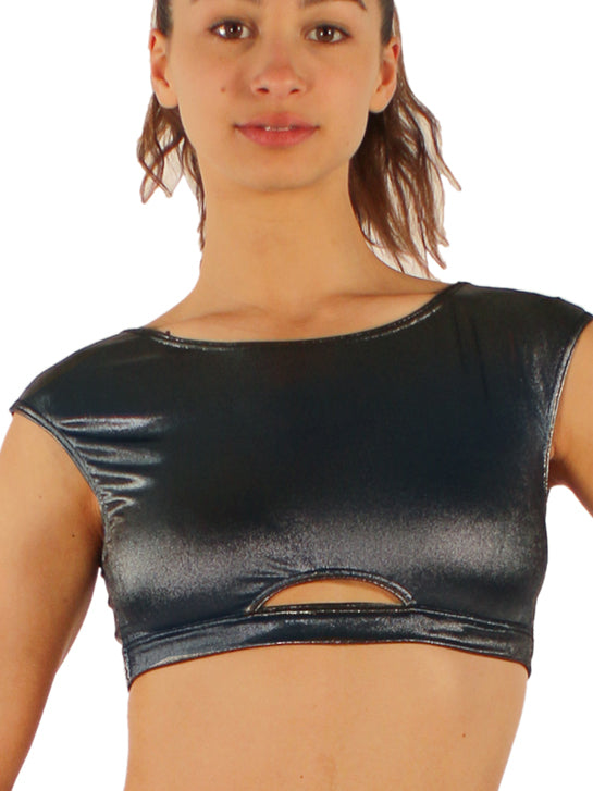 CUT OUT CROP TOP IN LAMINATED FABRIC