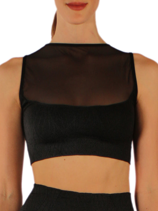 SEAMLESS CROP TOP WITH TULLE INSERT AND RELIEF PATTERN