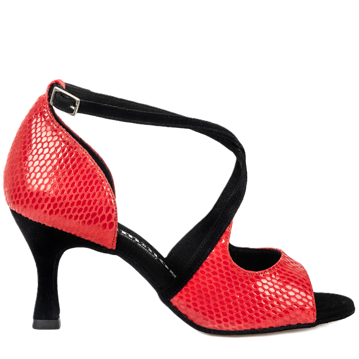 Rummos R545 red Latin dance shoe with open toe, cross straps, and comfortable heel for Salsa, Tango, and Bachata.