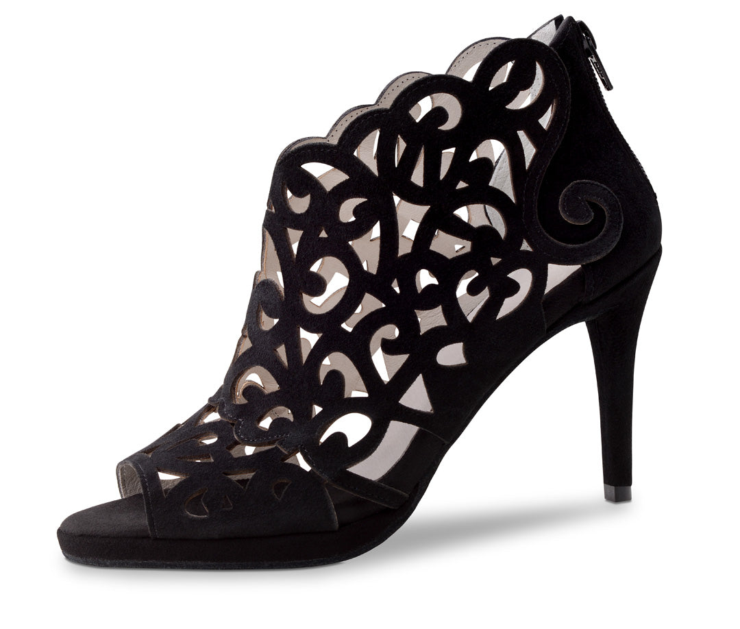 Elegant black open-toe dance shoe "Fleur" by Anna Kern with intricate cut-out design and 8 cm heel.