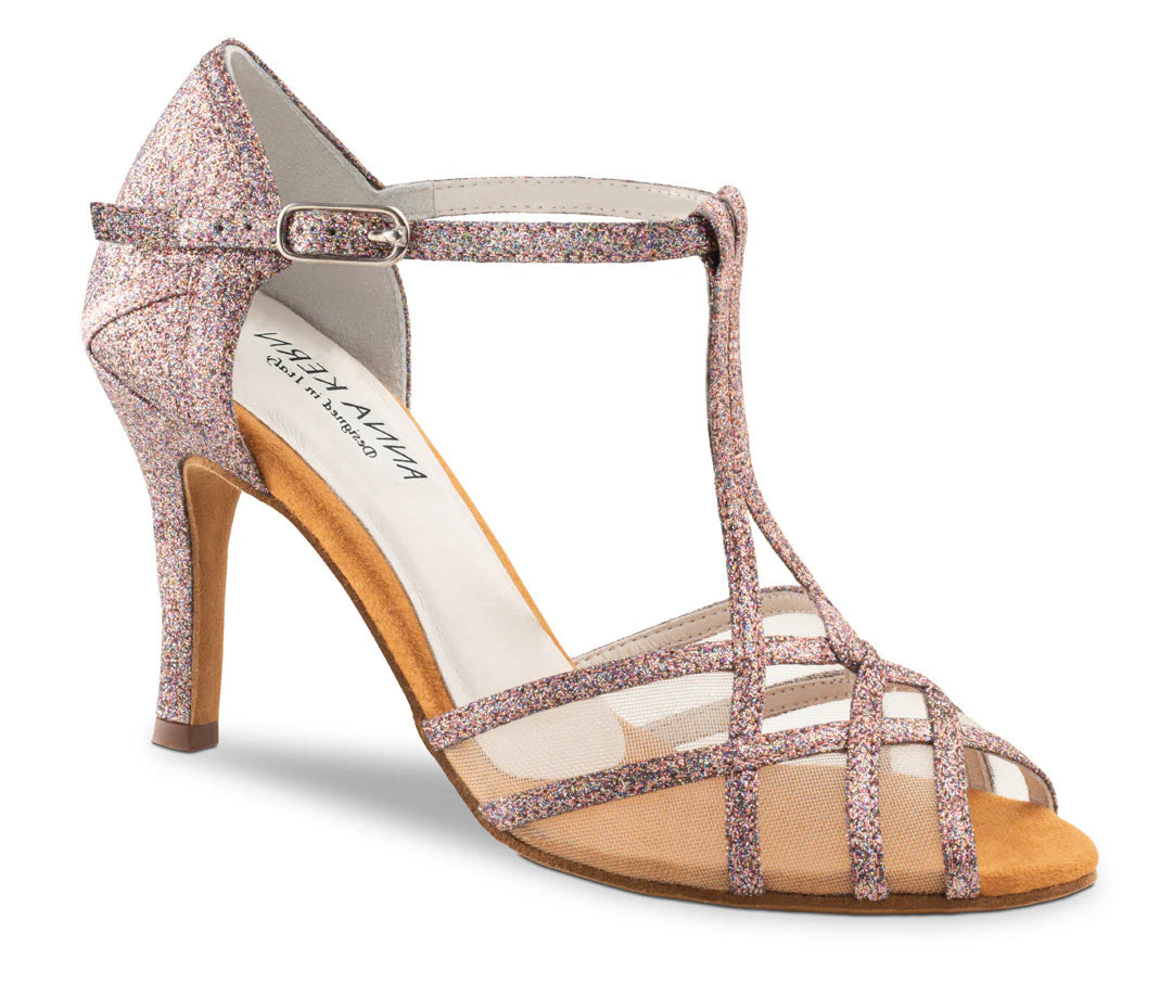 Elegant Anna Kern Elodie multi-color dance shoe with T-strap and 7.5 cm heel for comfort and stability.