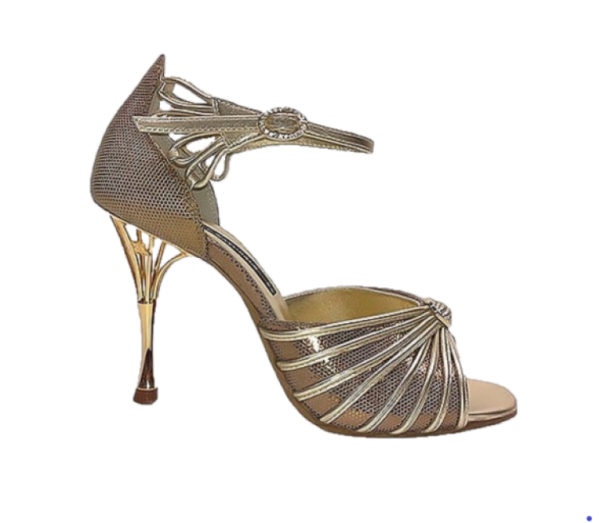 Elegant Dance Naturals Venice shoe in gold with Swarovski details and stylish metallic heel design. Handcrafted in Italy.