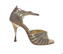 Elegant Dance Naturals Venice shoe in gold with Swarovski details and stylish metallic heel design. Handcrafted in Italy.