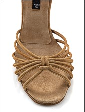 Close-up of Dance Naturals 204W Freedom shoe, featuring luxurious suede, elegant straps, and a distinctive knot design.