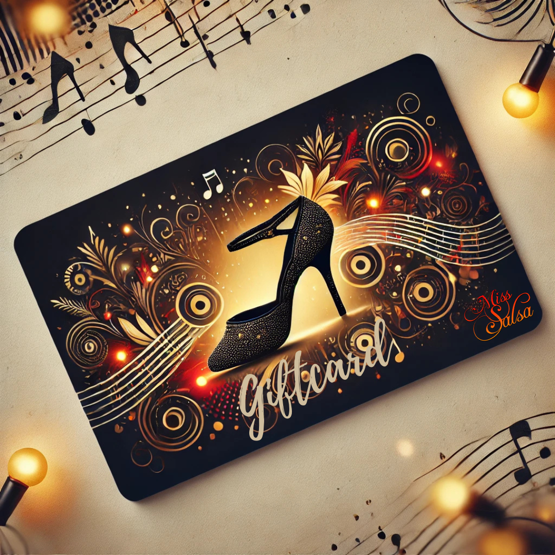 Stylish gift card featuring a black high heel shoe and musical notes, designed with vibrant decorative elements.