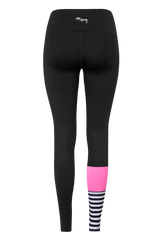 Hey Honey Yoga leggings in neon pink and black surf-style design, featuring a high waistband and striped detail.