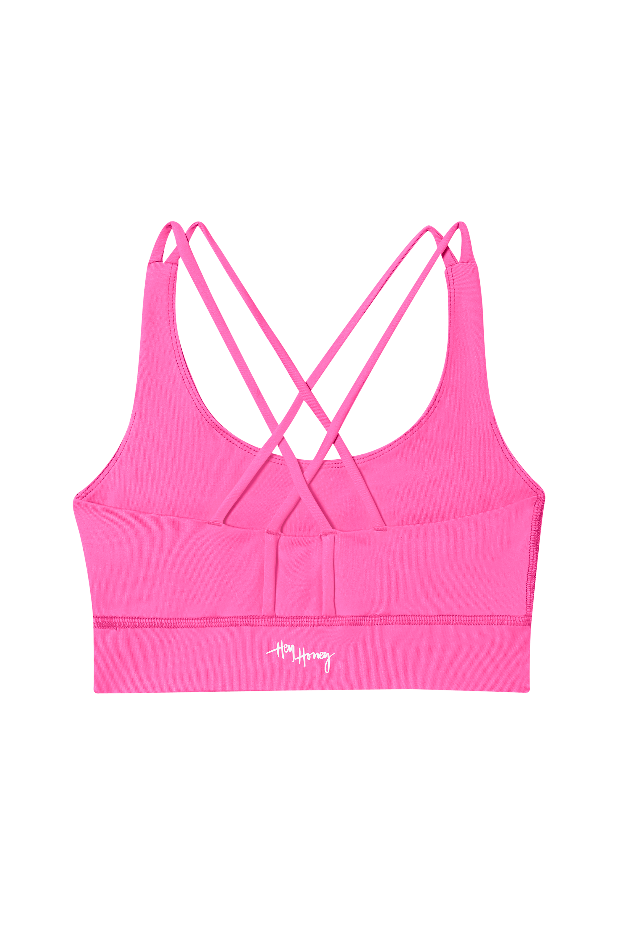 Hey Honey Yoga Criss-Cross Bra in neon pink, featuring a stylish criss-cross design for support and comfort during activities.