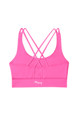 Hey Honey Yoga Criss-Cross Bra in neon pink, featuring a stylish criss-cross design for support and comfort during activities.