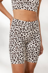 Hey Honey Yoga Biker Leo Clay high-waisted leopard print biker shorts for stylish and comfortable workouts.