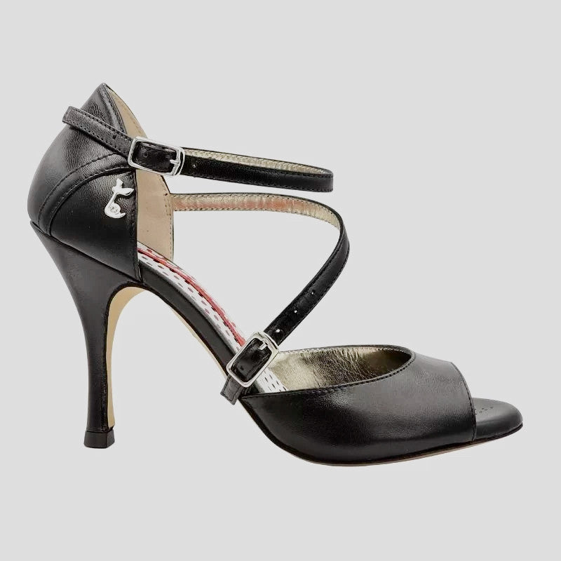 Elegant black Nappa leather dance shoe with open toe and ankle strap, featuring a 9 cm heel for a refined look.