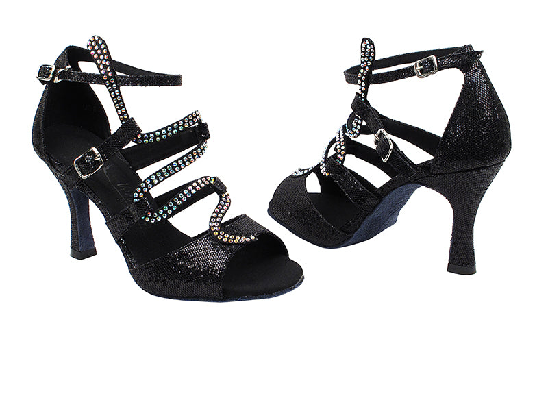 Very Fine SERA7017 Black dance shoes, classic suede with silver accents, 2.5 or 3-inch heel, quick-release buckle.