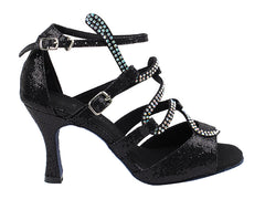 Elegant black suede SERA7017 dance shoe with silver accents and adjustable straps for comfort and style.