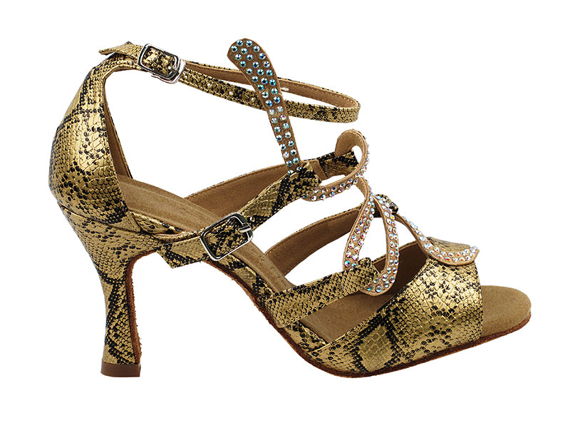 Very Fine Sera7017 gold snake dance shoe with straps and quick-release buckle, featuring stylish snake print design.