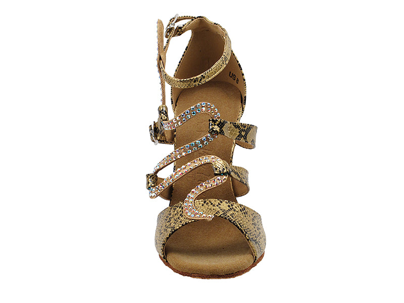 Very Fine Sera7017 Gold Snake dance shoe with golden snake print and rhinestone accents, featuring a quick-release buckle.