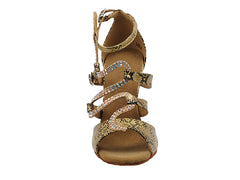 Very Fine Sera7017 Gold Snake dance shoe with golden snake print and rhinestone accents, featuring a quick-release buckle.