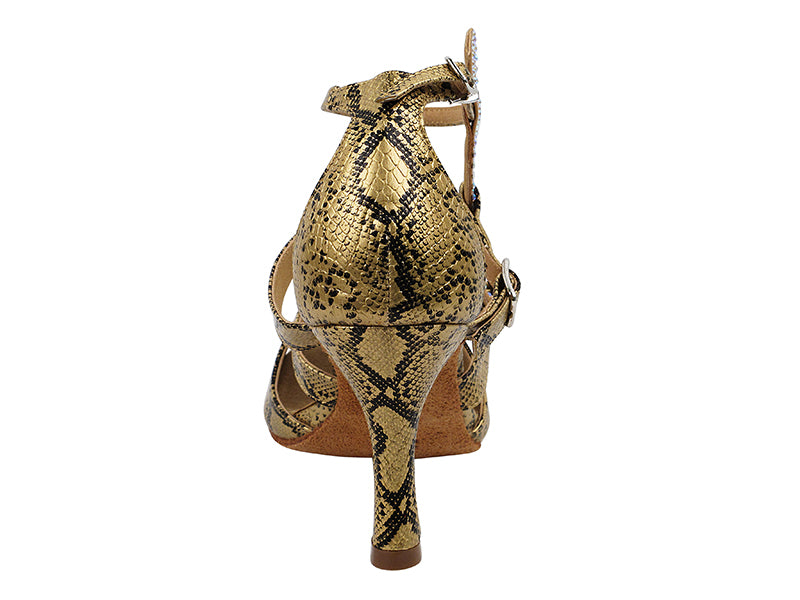 Very Fine Sera7017 Gold Snake dance shoe featuring a gold snake print design and stylish high heel from the back.