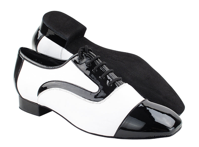 Very Fine C916102 black patent and white leather ballroom dance shoes with suede sole, perfect for smooth and social dancing.