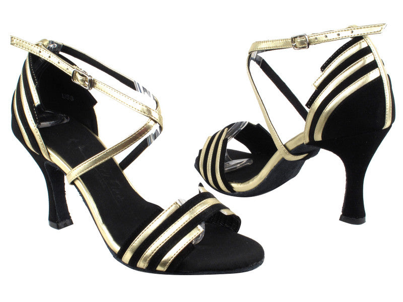 Very Fine SERA1700 Black Suede dance shoes with light gold trim, featuring quick-release buckle and flexible design for comfort.