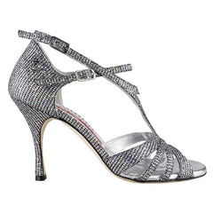 Elegant A99 Rimini Mirror silver dance shoe with 9 cm heel, adjustable strap, and stunning rhinestone design.