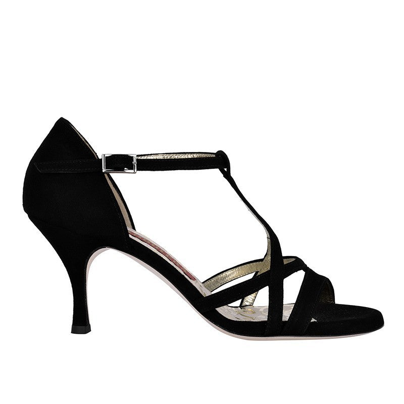 Elegant black suede dance shoe with 7 cm heel and adjustable ankle strap for optimal stability. Handcrafted in Italy.