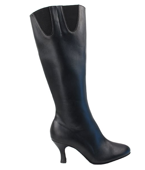 Elegant black leather dance boot with a 1.5-inch heel and sleek design for stability and style.