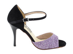 Very Fine VFTango 001 Lavender Stardust dance shoe in black suede and lavender glitter with ankle strap.