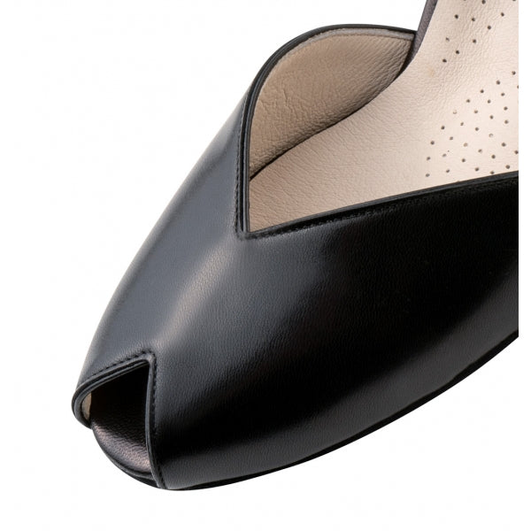 Close-up of Werner Kern Rachel black leather dance shoes, featuring an open toe design and soft lining for comfort.