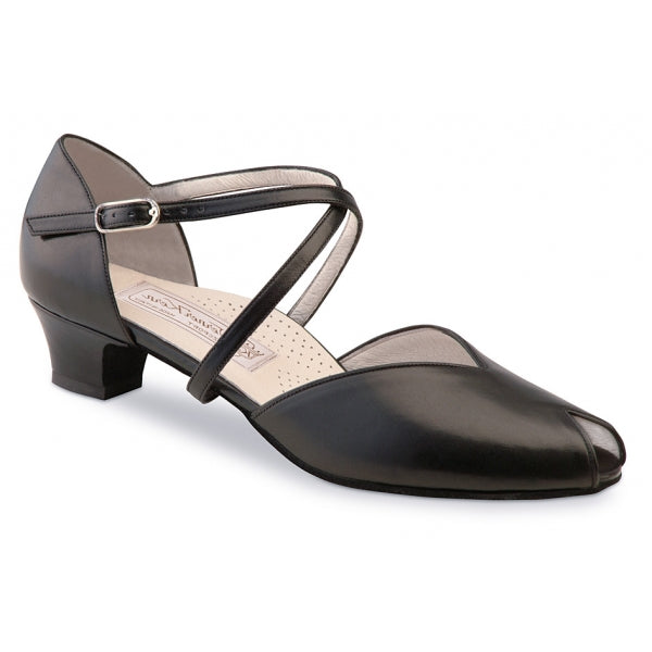 Werner Kern Rachel black dance shoes for women with adjustable cross straps and a 3.4 cm block heel.