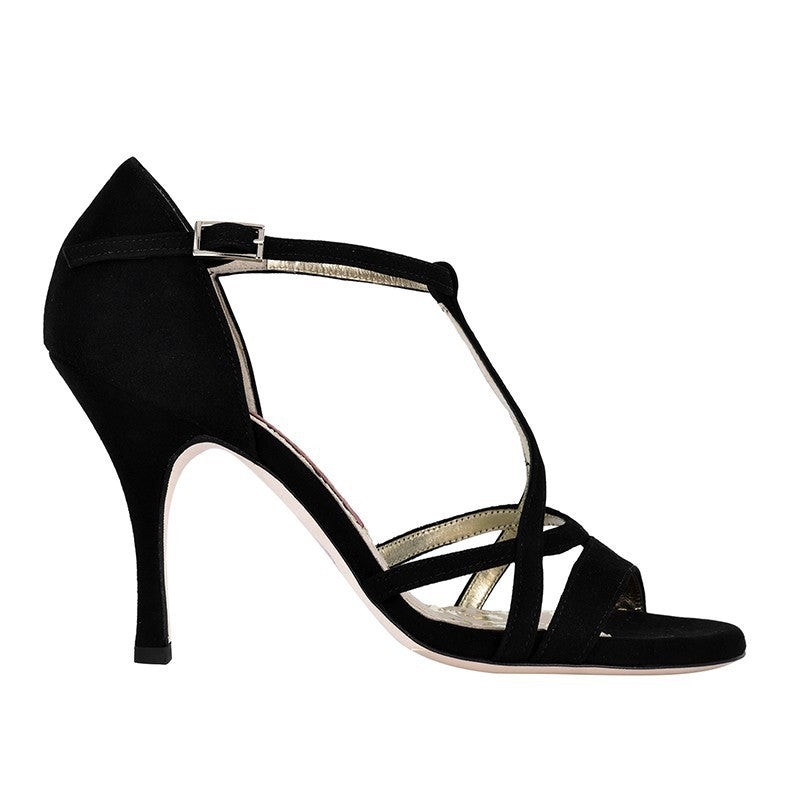 Tangolera A13 Camoscio nero black suede sandal with 9 cm heel and adjustable ankle strap, handmade in Italy.